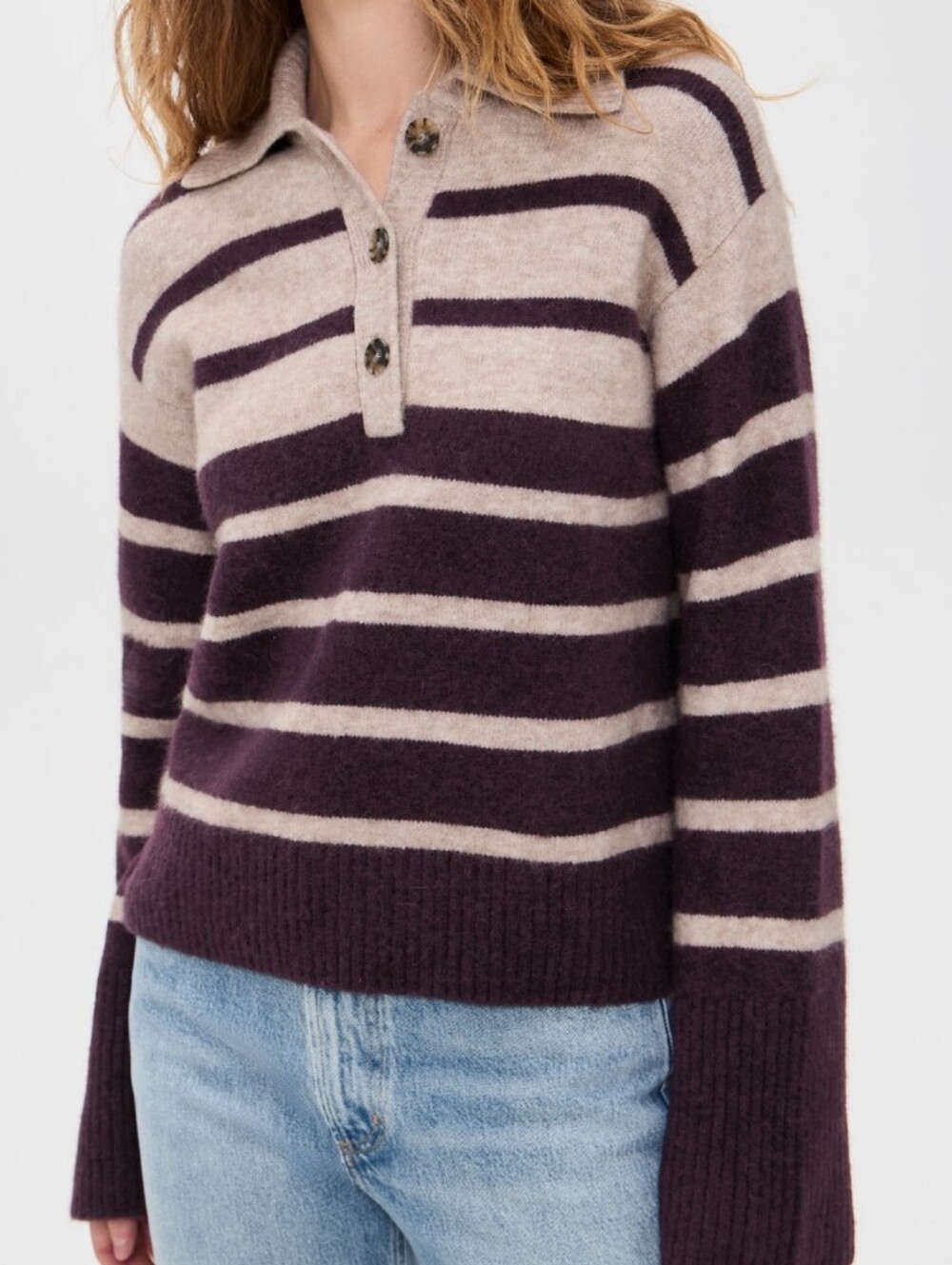 Madewell Cloudsoft Striped Knit Pullover Sweater Wool Mix Beige Dark Brown Sz S - Picture 3 of 8